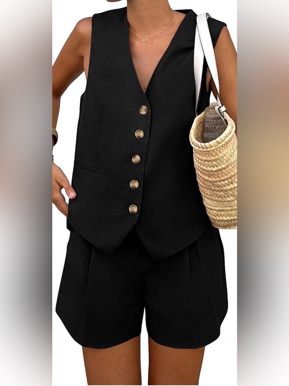 Women's Black Tailored Vest & Shorts Set - Sleek Two-Piece - Picture 2 of 10